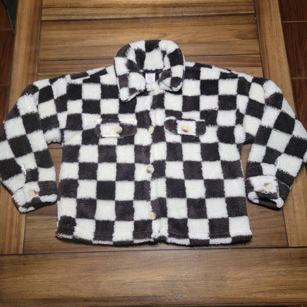 Wonder Nation Full Button Fuzzy B&W Checkered Coat - Size L (10-12)